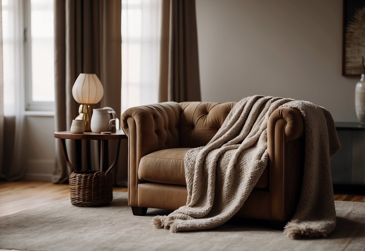 A cozy living room with a plush sofa draped in soft velvet, a pair of linen curtains billowing in the breeze, a sleek leather armchair, a wool throw blanket, and a chic cotton area rug