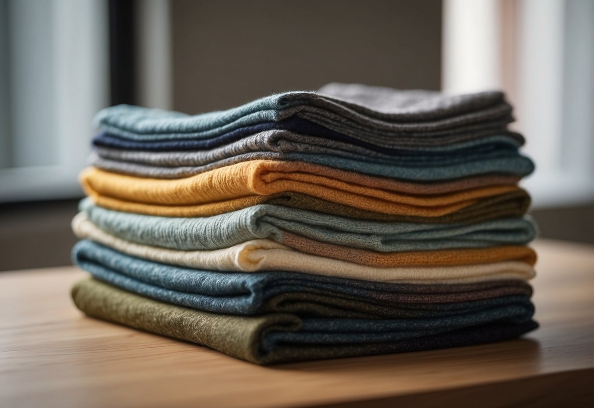 A stack of folded merino wool fabric swatches in various colors and patterns arranged on a sleek, modern table with natural light streaming in from a nearby window