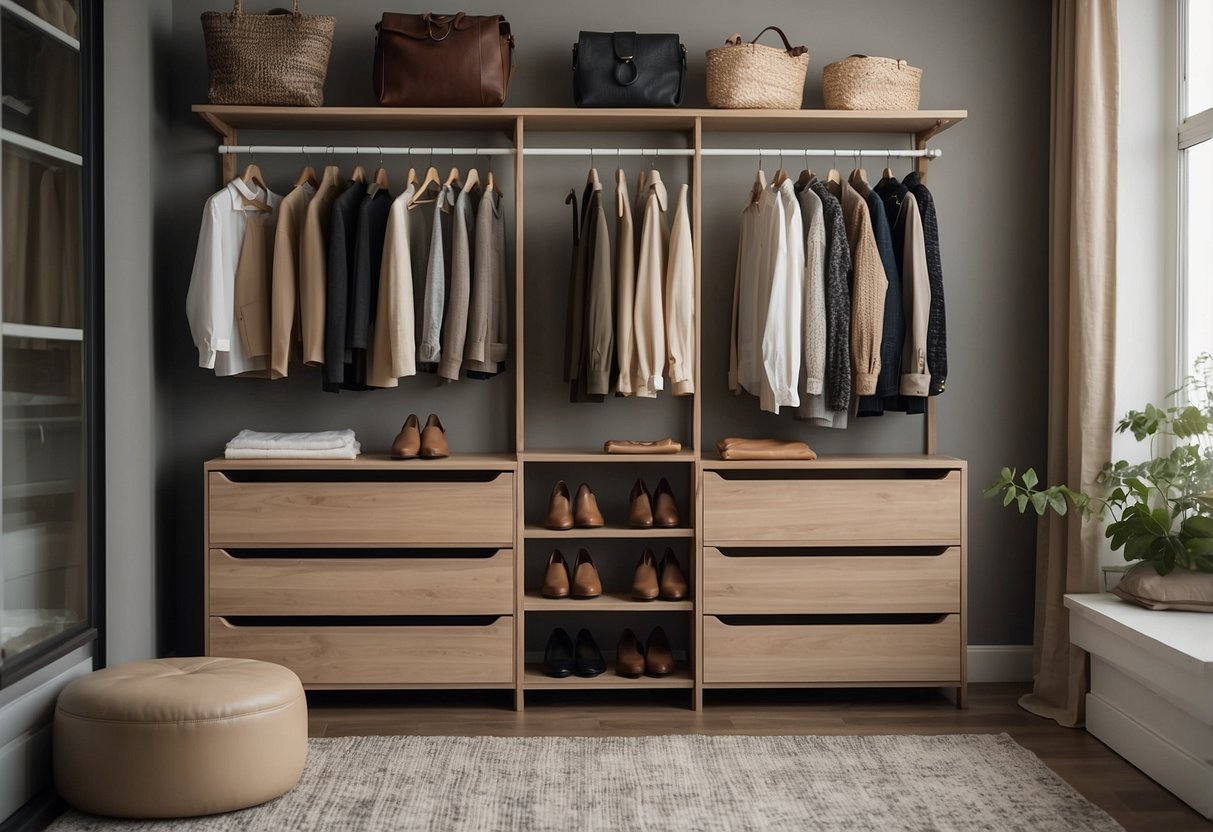 A well-organized closet with a few versatile clothing items neatly folded and hung, including a mix of neutral colors and timeless pieces