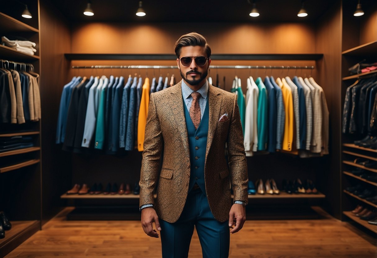 A well-dressed man's closet with bold, unique accessories and standout clothing items, such as a vibrant patterned blazer or eye-catching shoes