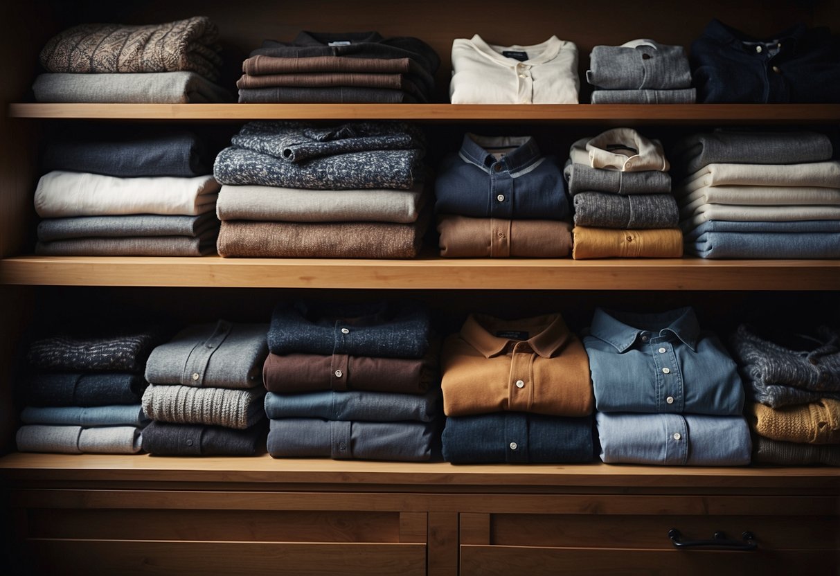 A man's wardrobe laid out with various layers: t-shirts, button-up shirts, sweaters, jackets, and scarves. Different textures and colors create a cohesive yet versatile transitional weather style