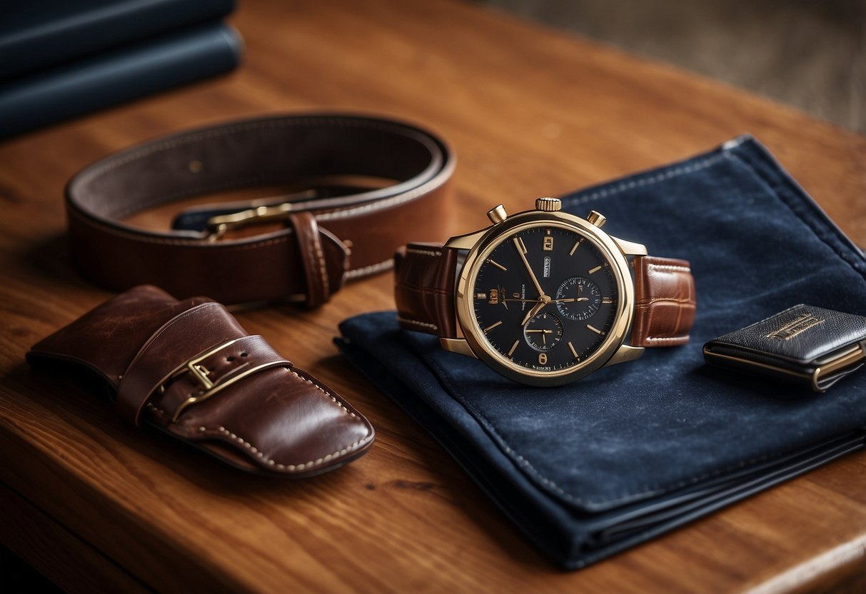 A stylish watch, leather belt, and patterned pocket square laid out on a wooden dresser, alongside a pair of suede loafers and a sleek leather wallet