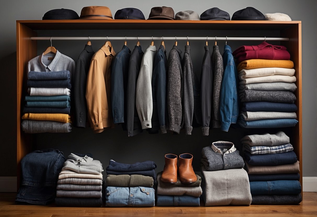 A man's wardrobe with various clothing items layered on a table, including shirts, sweaters, jackets, and accessories. The scene depicts the versatility of layering for transitional weather style