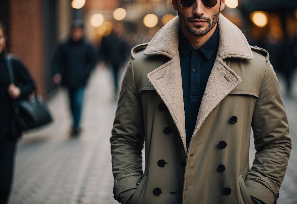 A man's wardrobe: a sleek trench coat over a tailored suit, a cozy bomber jacket with jeans, and a classic pea coat paired with a sweater