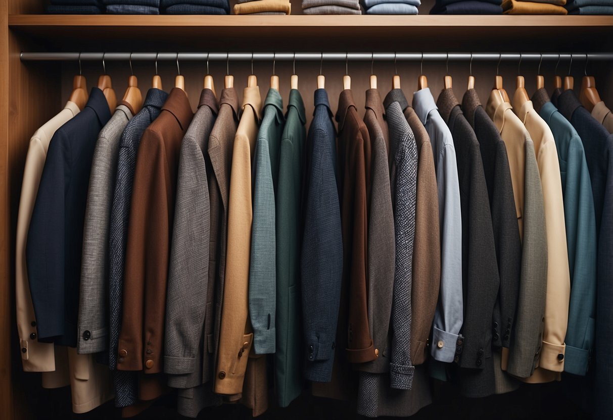 A neatly organized closet with a variety of tops and outerwear neatly arranged on hangers and shelves. The color palette is cohesive and the pieces are versatile for different occasions