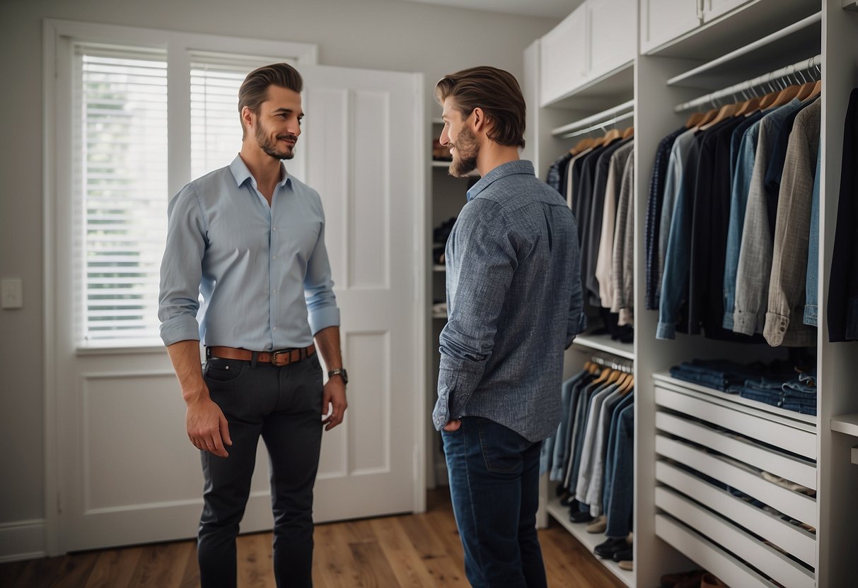 A modern man stands in front of a closet, carefully selecting the perfect pair of bottoms and denim for his capsule wardrobe. The closet is filled with neatly organized clothing items in various colors and styles