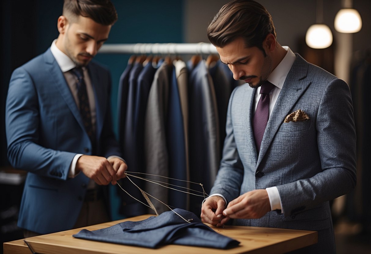 A tailor measuring a suit jacket on a mannequin, with pins and fabric swatches nearby