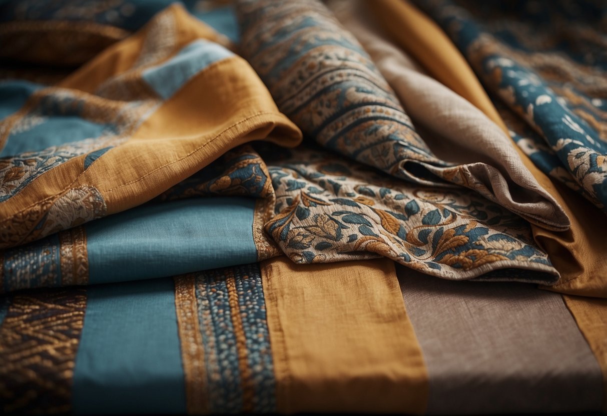 A table with various patterned fabrics and textured materials laid out for mixing and matching