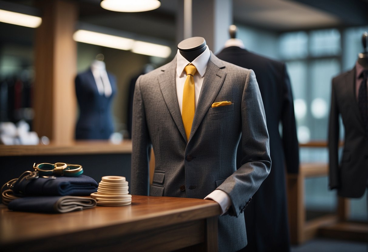 A tailored suit jacket hangs neatly on a mannequin, showcasing precise stitching and a perfect fit. A measuring tape and sewing tools sit nearby, emphasizing the importance of tailoring for men