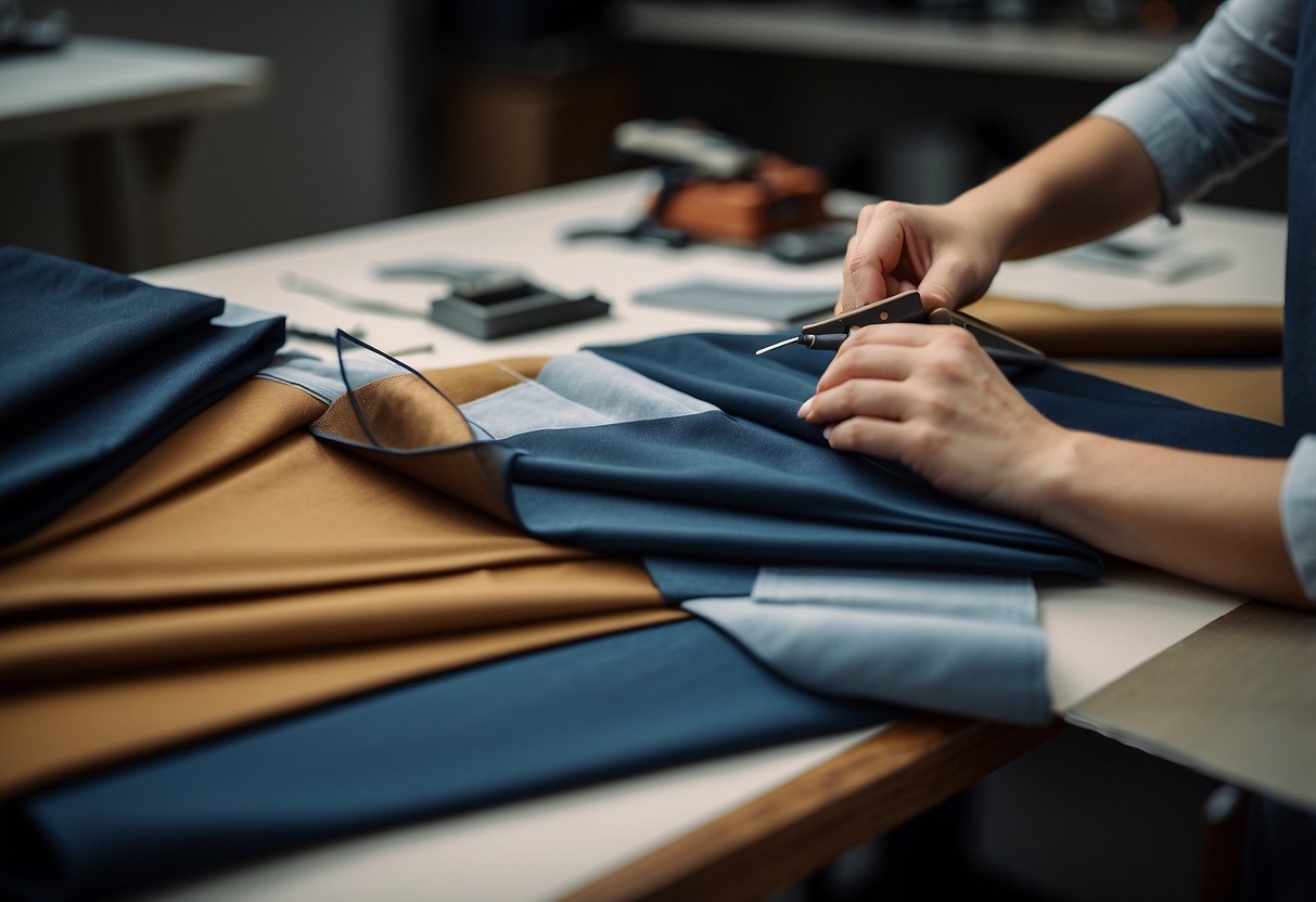 A tailor carefully measures and cuts fabric, ensuring precision for a perfect fit. Tables are scattered with swatches and measuring tools